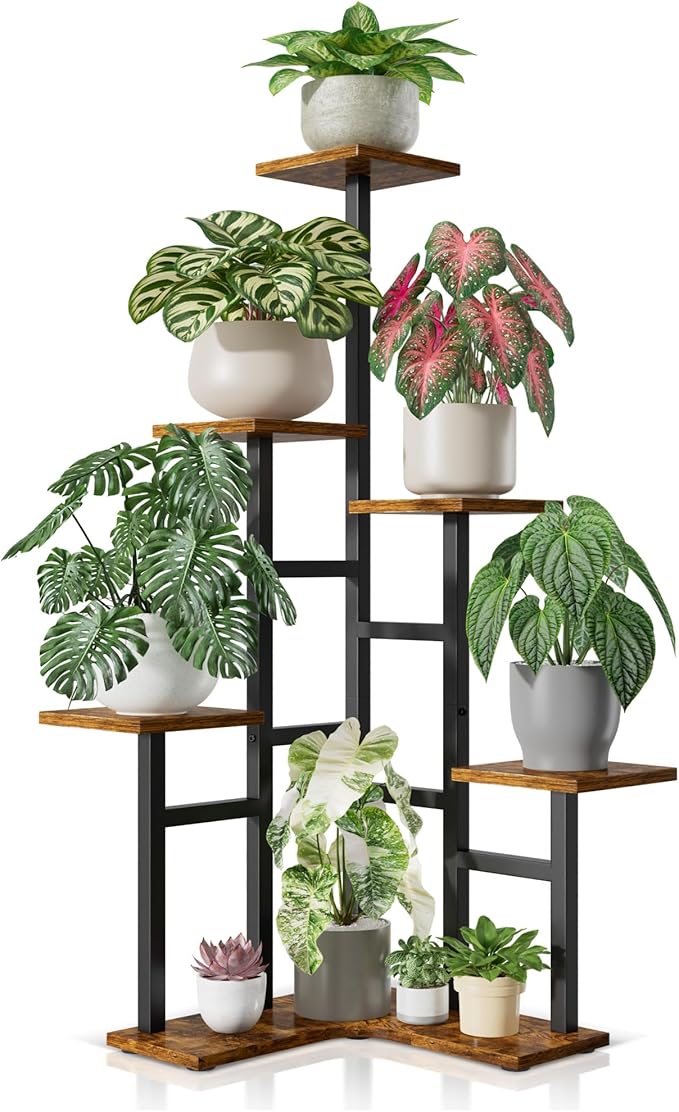 5 Tier Corner Plant Stand Indoor Wood, Metal Plant Shelf Outdoor, Tall Plant Stands Plant Tables Indoor Plant Rack Tiered Plant Stand Garden Accessories for Balcony Patio -BlackSquare