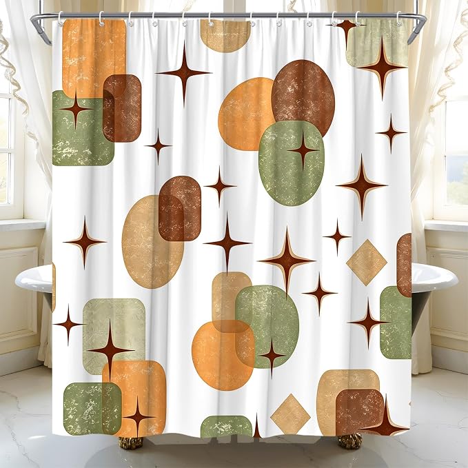 Boho Mid Century Shower Curtain Retro Abstract Geometric Shapes with Starburst Sage Green Beige and Terracotta Fabric Bath Curtain Polyester Bathroom Decor with Hooks (47"X72")