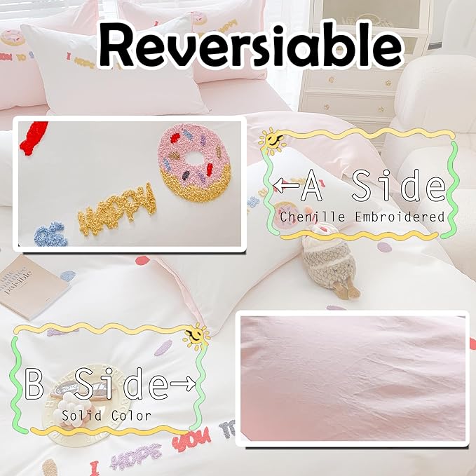MorroMorn Twin Duvet Cover Cotton, 3D Embroidery Twin Bedding Sets, Cute Chenille Embroidered Comforter Covers Summer Blanket Soft Breathable for Girls Kids Teen Preppy (Donut White, Twin/Twin XL)