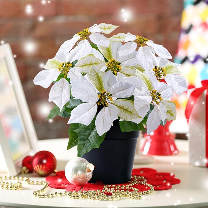 Artificial Poinsettia Flowers - 14Inch Faux Christmas Plant, Cream Winter Flowers for Indoor/Outdoor Xmas Ornament, Porch & Home Garden Decorations