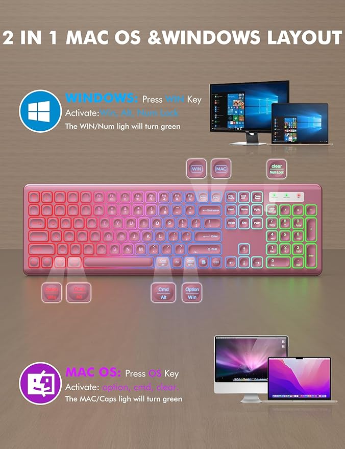 Wireless Keyboard and Mouse Combo, RGB Backlit, Rechargeable & Light Up Letters, Full-Size, Soft Typing, Sleep Mode, 2.4GHz Quiet Keyboard Set for Mac, Windows, Laptop, PC, Trueque (Wine Red)