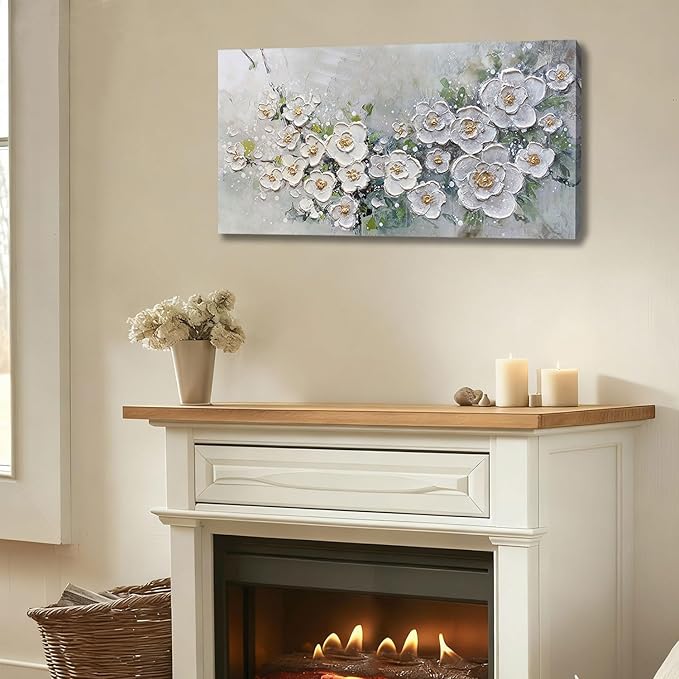 Brushart White Flower Wall Art Textured Floral Canvas Art Wall Decor Living Room Large Picture Wall Art Painting Artwork for Walls Bedroom Home Office, 48"x24"