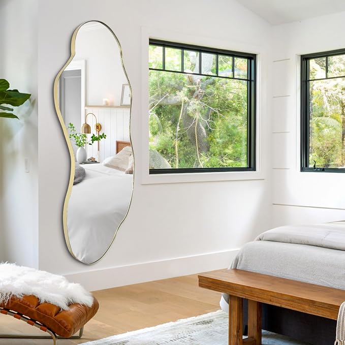Large Irregular Wall Mirror, 63"x27.2" Asymmetrical Mirror with Gold Metal Frame, Organic Shape Mirror for Living Room Bedroom Hallway Entryway, Horizontal or Vertical Hanging
