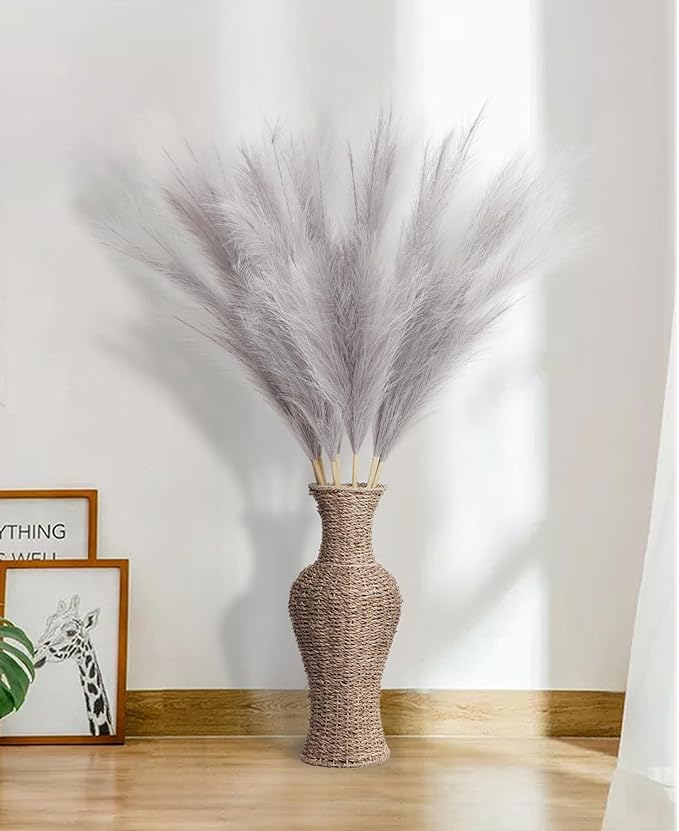 9 Pcs 45" Tall Pampas Grass Grey Decor, Long Stem Artificial Flower Floor Vase Large Faux Floral Pompas Fake Plants Dried Bouquet Arrangement Vase Filler for Boho Home Wedding Decoration