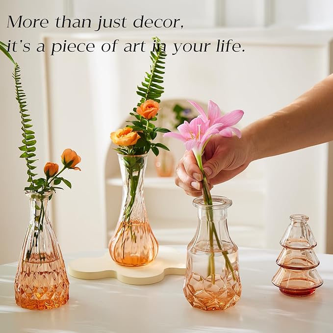Glass Bud Vase Set of 60 - Small Vases for Flowers in Bulk - Assorted Vintage Crystal Vases for Flowers, Table Centerpieces (Amber, 60 Pcs)