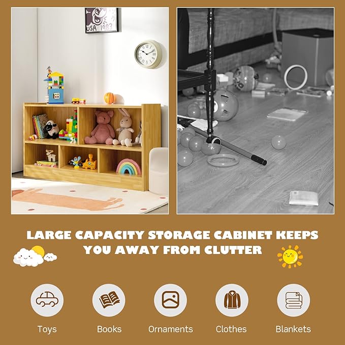 KOTEK Toy Storage Organizer, 5 Cubby Kids Bookshelf, Wooden 3-Tier Bookcase Storage Cabinet, Open Display Book Shelf for Daycare, Nursery, School Classroom, Playroom & Living Room (Burlywood, 5 Cubes)
