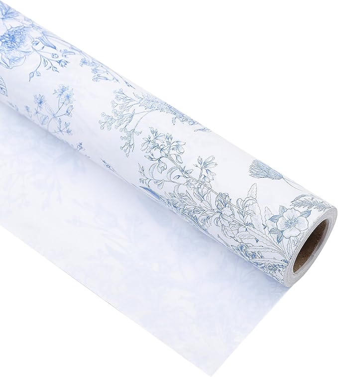 Blue Floral Wrapping Paper Roll, Mini Roll-17 Inches * 32.8 Feet, Flowers Design Wrap Paper for Girls Women Grandma, for Birthdays, Valentine's Day, Weddings, Anniversaries, Mother's Day, 1 Roll