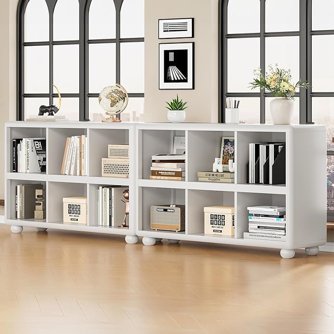 ONBRILL Wooden Bookcase with 6 Cube Storage, Kids Bookshelf with Sphere Foot, Sturdy Toy Storage Organizer, Safe Rounded Corners Bookcase for Living Room, Playroom, Nursery (White)