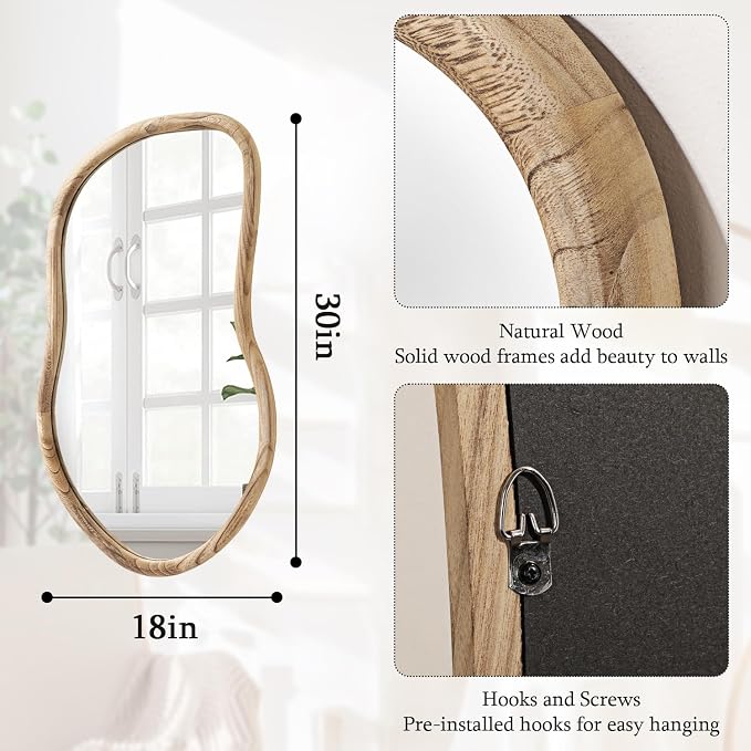 Irregular Wall Mirror Wood Asymmetrical Mirror Large Bathroom Vanity Mirrors Natural Wood Framed Abstract Mirrors for Wall Living Room Bedroom Decorative