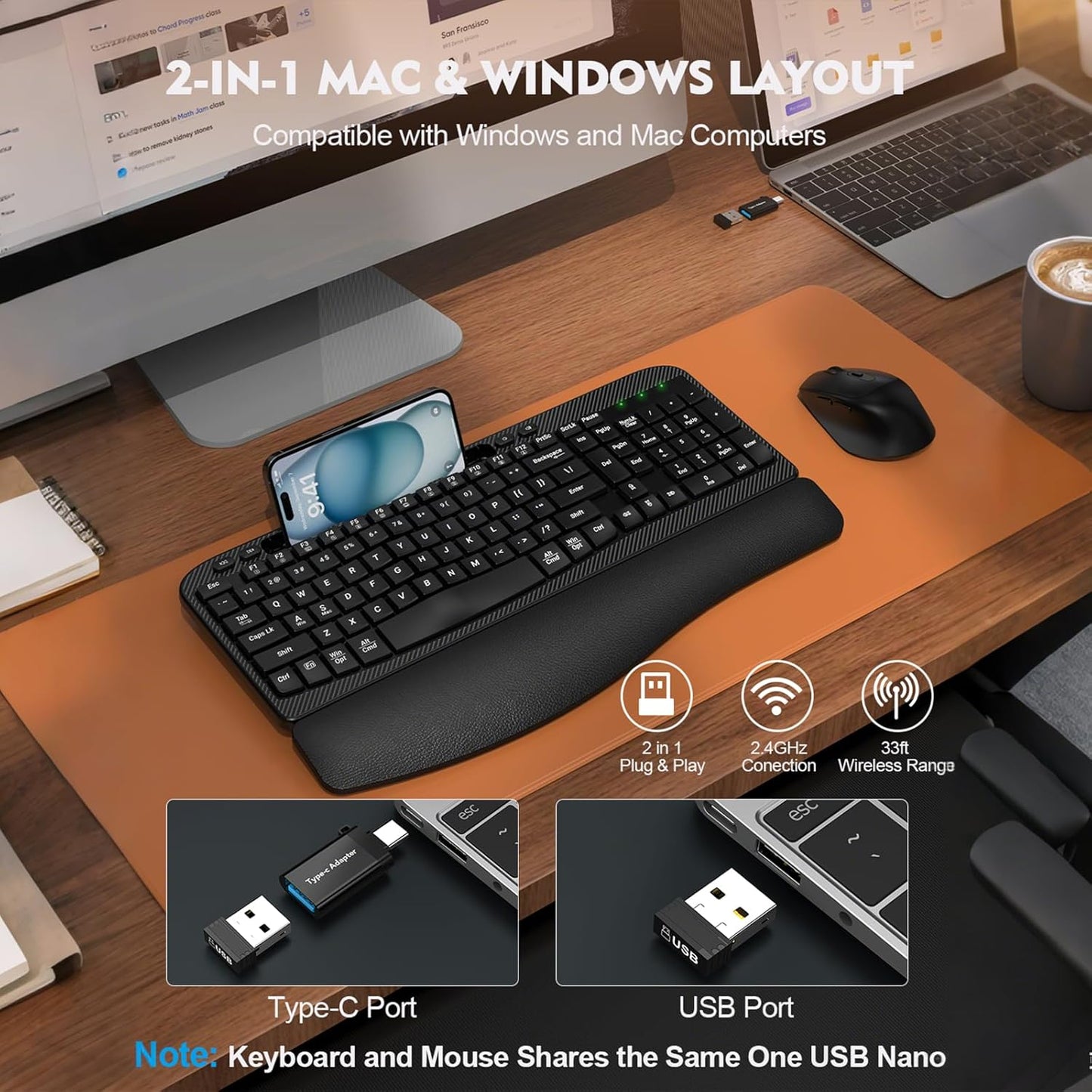 Skiennix Wireless Keyboard and Mouse Combo - Ergonomic Full-Sized Design with Cushioned Palm Rest | 2.4G Cordless for PC, Laptop, Mac