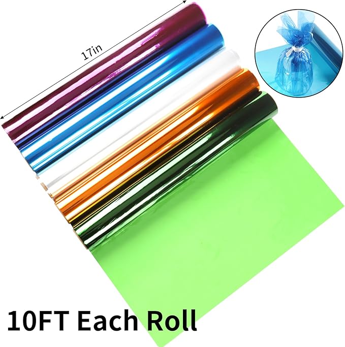 Nitelemn 9 Colors Transparent Colored Cellophane Wrap, Cellophane Paper Roll for Gift Baskets, Treats Wrapping, DIY Arts Crafts Project Decoration(17” x 10ft x 9Rolls)