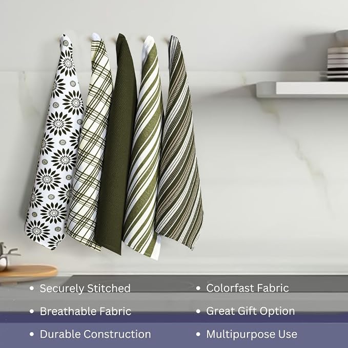 Assorted Kitchen Towels Set of 5-100% Cotton Dish Cloths Towels with Hanging Loop - Soft, Absorbent & Washable for Kitchen Use - Quick Drying Dish Towels 16x26 Inch Green