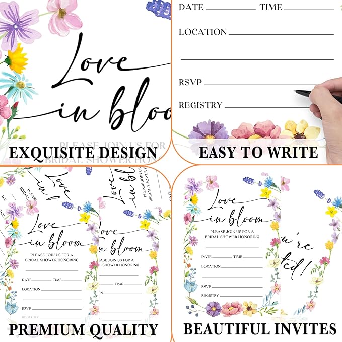 Bridal Shower Invitations, Love In Bloom Invites with Envelopes, 4x6 Inches Floral Invite Card for Wedding Shower, Newlyweds, Party Favor & Decorations-A01