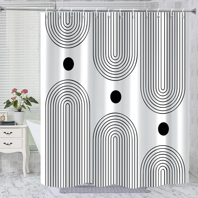 White and Black Shower Curtain, Boho Minimalist Mid Century Modern Arch Geometric Machine Washable Waterproof Fabric for Bathroom Bathtub Decor with Hooks 60Wx72H