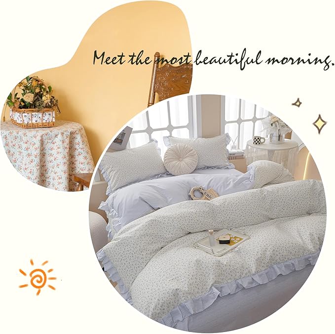 Blue Floral Ruffle Duvet Cover Twin XL White Soft Cotton Lace Duvet Cover Girls Botanical Flower Comforter Cover Romantic Princess Bedding Set Vintage Floral Lace Comforter Cover with Zipper Closure