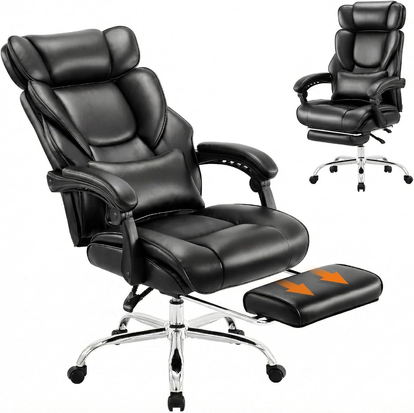Skiennix High Back Office Chair - Ergonomic Bonded Leather with Adjustable Headrest & Footrest | Black
