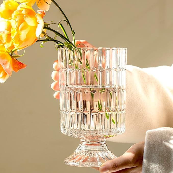 BLOFLO Embossed Glass Vase, 7'' Crystal Glass Vases, Pedestal Big Base Glass Bouquet Vase, Hydroponic Glass Transparent Vase for Home Office Wedding Dining Table Party (Ribbed Pattern)