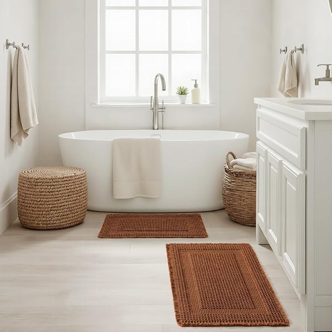 MIULEE Set of 2 Waffle Bathroom Rugs, Terracotta Boho Bath Rug Super Absorbent, Non Slip Washable Ultra Soft Rubber Backed Shower Bath Mats for Floor, Tub, Looped Design, Caramel, 17"x24"+18"x30"