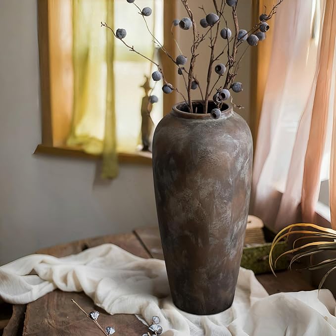 15 Inch Vintage Farmhouse Decor Ceramic Rustic Vase, Handmade Brown Flower Vases for Centerpieces, Living Room & Kitchen Shelf Decorative Pottery Vase for Home Decor