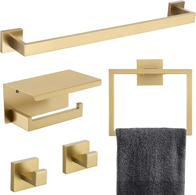 5-Piece Bathroom Hardware Set 23.6 Inch Gold Towel Bar Set Towel Bar Towel Ring Coat Hook and Toilet Paper Holder with Shelf Wall Mounted Stainless Steel Bathroom Accessories Set