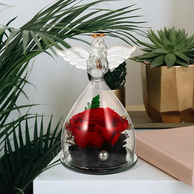 Garneck Eternal Preserved Rose with Angel Figurines in Glass Dome Romantic Desktop Ornament for Birthday Mother's Day Wedding Floral Decoration