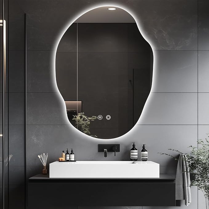 Irregular LED Bathroom Mirror with Lights,Asymmetrical Led Bathroom Vanity Mirror for Wall with Backlit, Anti Fog, 3 Colors and Dimmable Light,[Horizontal/Vertical] 30" H x 22" W