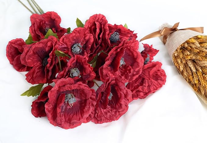 30 Heads 6 PCS Red Poppy Flowers Artificial Flowers Silk Flowers 32 in Poppy Flowers for Wedding Home Party Table Centerpiece Arrangement Decoration (Red)
