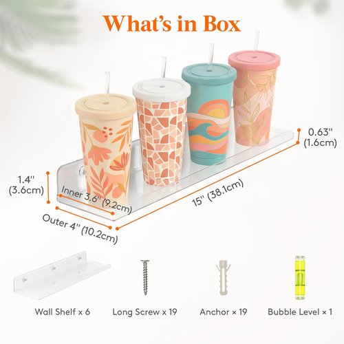 Lifewit Floating Shelves - 15" Clear Acrylic Wall Organizer for Perfume, Makeup & Decor | 6 Pack