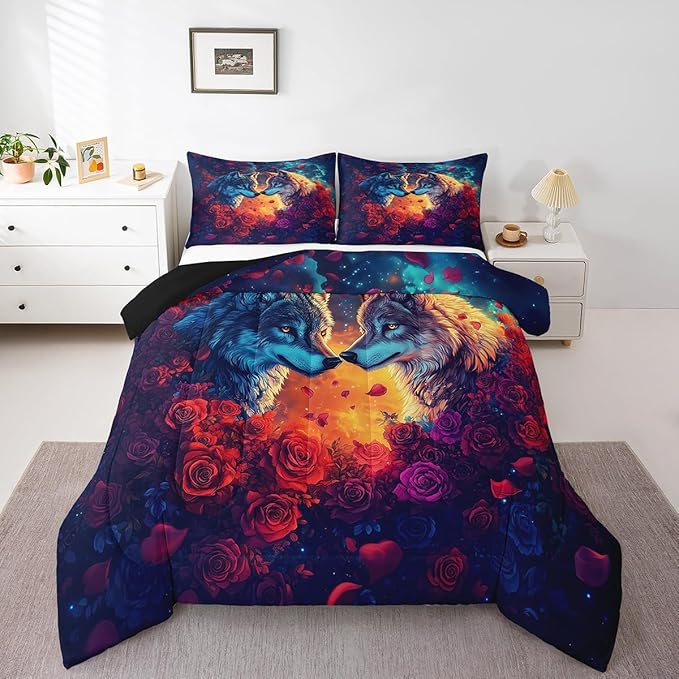 Wolf Comforter Set Queen Size,Wild Animal Print Couple Theme Reversible Bedding Set for Women Adult,Romantic Red Rose Flowers Watercolor Galaxy Luxury Bed Duvet Insert, 2 Pillowcases