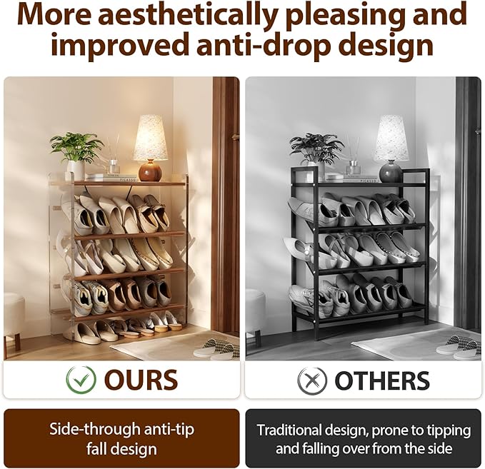 YQJJGL Free Standing Shoe Rack & Closet Shoe Shelf, for Entryway Small Space, Front Door, Garage, 4-Tier Slanted, Solid Wood & Acrylic Frame with Top Shelf Storage