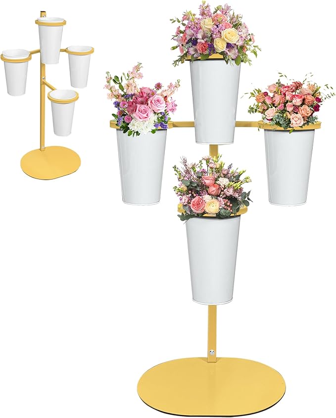 PROLEE Flower Display Stand with 4 Buckets, Flower Pot Stand, Flower Stand Metal, Florist Bouquet Shelf for Wedding, Party, Events, Oval Base, Gold