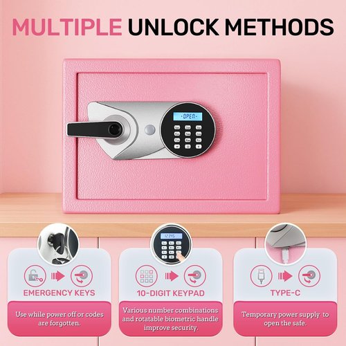 BlackSmith Home Biometric Safe - Quick Access Fingerprint Lock Box | 1.0 Cubic Ft, Pink, Fireproof Bag Included