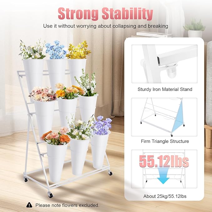 3 Tier Metal Plant Stand with 9 Buckets, Wheels, Heavy Duty Flower Cart for Indoor/Outdoor, Garden, Florist