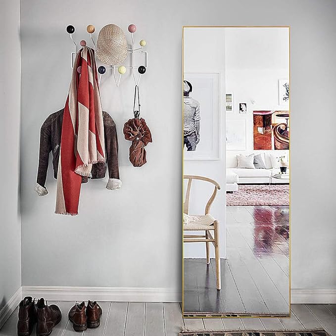 Dewfig Full Length Mirror with Stand, 64" x 21" Free Standing Floor Mirror, Full Body Mirrors, Hanging or Wall Mounted Mirrors for Bedroom, Rectangle Shape, Metal Frame,Gold