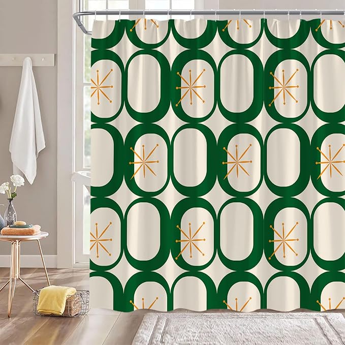 Mid Century Shower Curtain Modern Abstract Atomic Starbursts Squares Retro 50s Geometric Bathroom Decor Polyester Curtains with Hooks