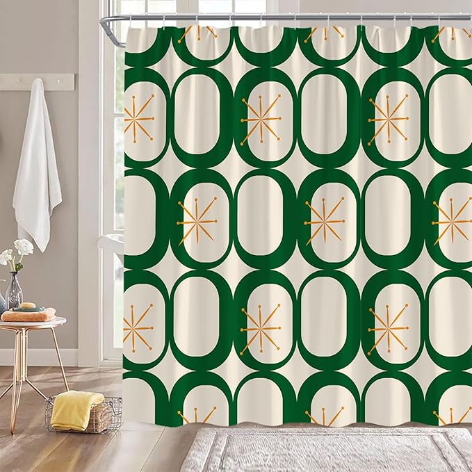 Mid Century Shower Curtain Modern Abstract Atomic Starbursts Squares Retro 50s Geometric Bathroom Decor Polyester Curtains with Hooks