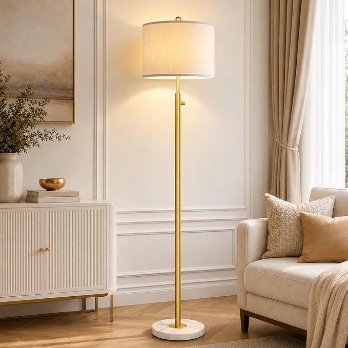 【Upgraded】Dimmable Gold Floor Lamps for Living Room, 11W LED Bulb Included, Modern Standing Lamp with Marble Base, Tall Pole Light with White Linen Shade for Bedroom Reading Office Corner Nursery