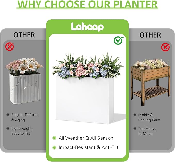 Set of 2 Outdoor Planters 38"W x 10.2"D x 30"H- Tall Rectangular Planters for Outdoor Patio/Porch, All-Weather with Anti-dumping Kit, Durable Galvanized Steel, Modern Design for Plants, Flower
