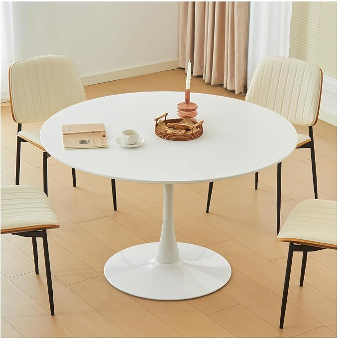 Round Dining Tulip Table for 4, Mid-Century Modern Table with Sturdy Metal Pedestal for Kitchen, Bistro, Cafe, Leisure (White, 43.5 INCH)
