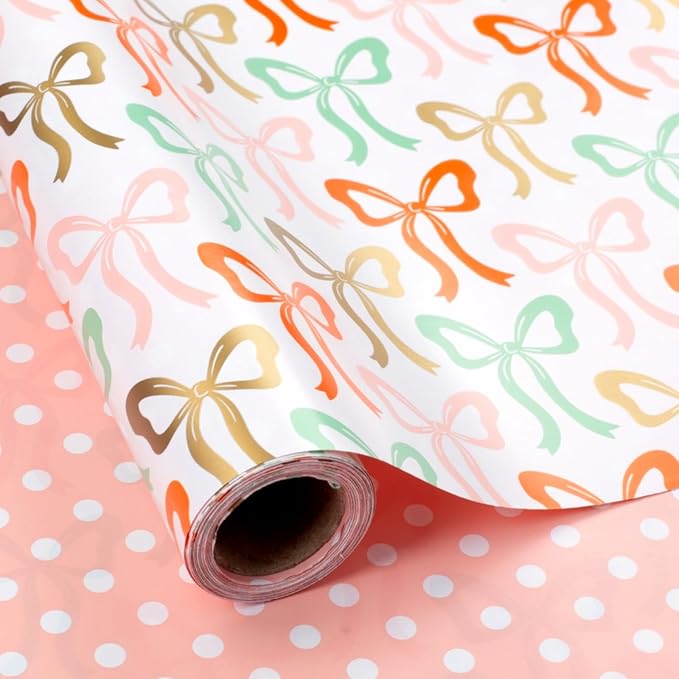 Burymento Bow Wrapping Paper Roll, Reversible Dot Design Gift Wrap for Birthday, Valentines, Mothers day, Graduation, Wedding, Fathers day, Baby Shower, Christmas (17 IN x 32.8 FT)