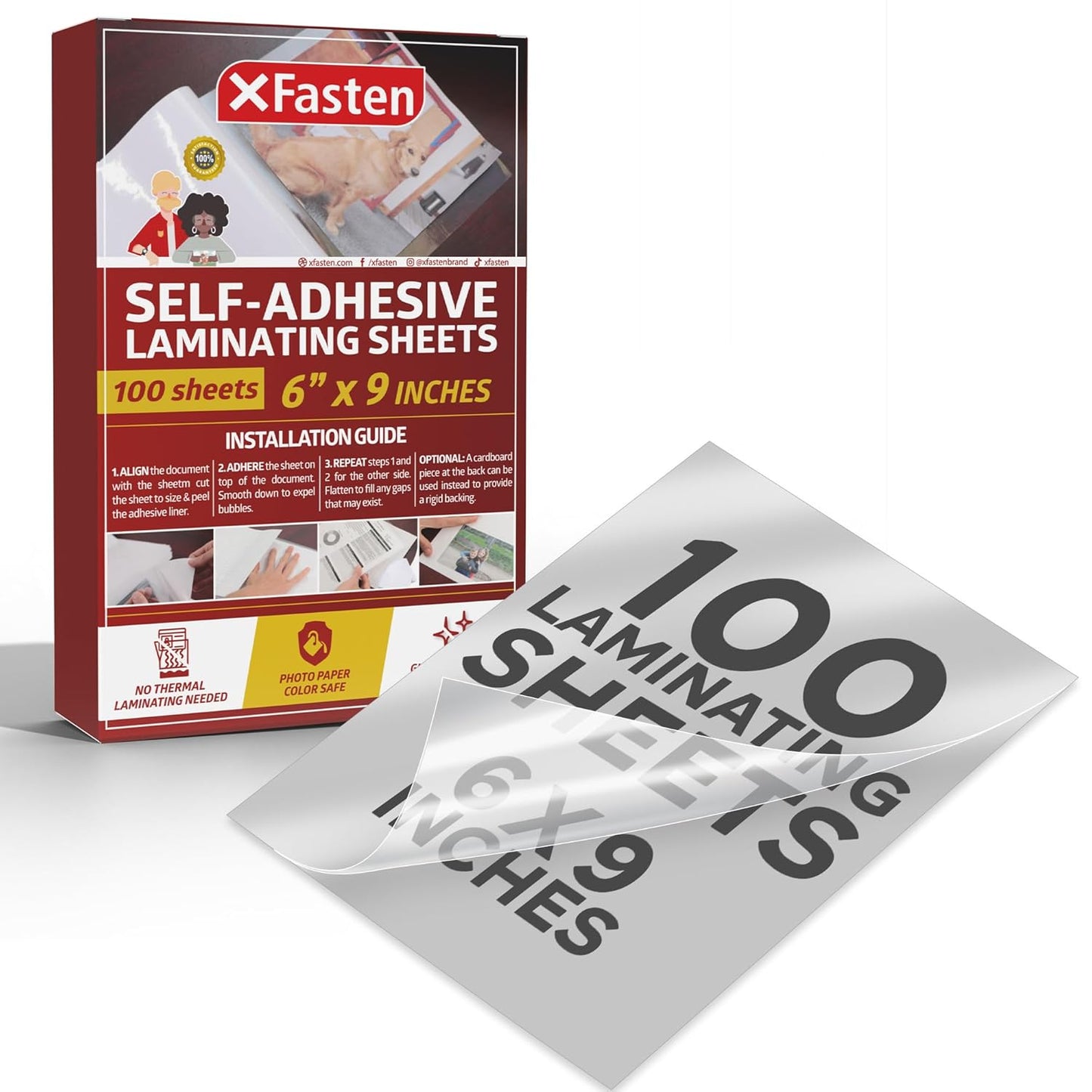 XFasten Laminating Sheets - Self-Adhesive, Yellowing Resistant, 6x9 Inches, 100 Pack
