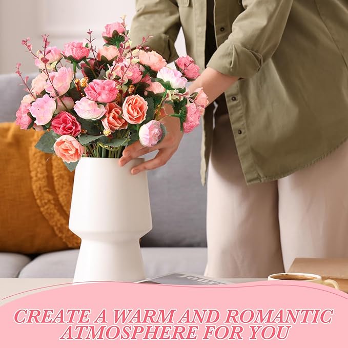 Geosar 16 Pcs Rose Artificial Flowers Fake Flowers Bouquet 21 Heads Silk Faux Floral Bundles with Stem for Home Bridal Wedding Arrangements Table Centerpieces Party Decor (Pink)