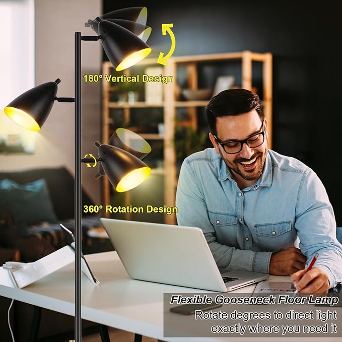 LALISU Tree Floor Lamp for Living Room, Industrial 3-Light Standing Lamp with 3 LED Bulbs, Adjustable Rotation Heads, Standing Tall Pole Lamp Farmhouse Rustic Reading Lamps for Bedroom Office (Black)