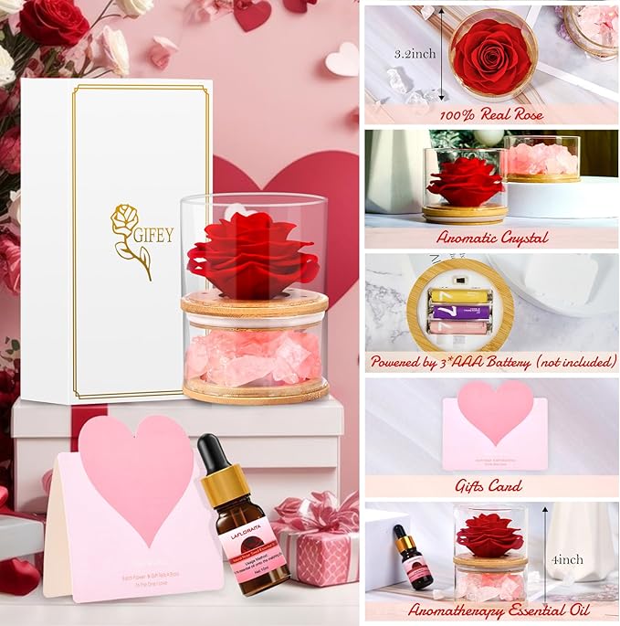 Christmas Birthday Flower Gifts for Women,Gifts for Mom,Preserved Rose with Lights, Aromatherapy Crystal Stone Rose Gifts for Women,Mom,Girlfriend,Wife on Birthday Anniversary Valentines Day Wedding