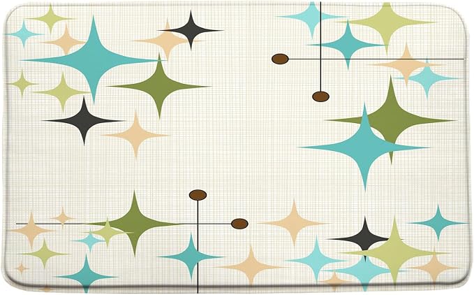 Mid Century Bath Mat Retro Atomic Stars 1950s 1960s Vintage Geometric Pattern Abstract Iconic Modern Teal Blue 23.6x35.4 Inches Indoor Outdoor Floor Rugs