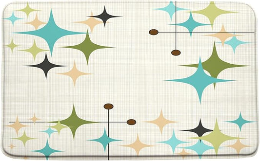 Mid Century Bath Mat Retro Atomic Stars 1950s 1960s Vintage Geometric Pattern Abstract Iconic Modern Teal Blue 17.7x29.5 Inches Indoor Outdoor Floor Rugs