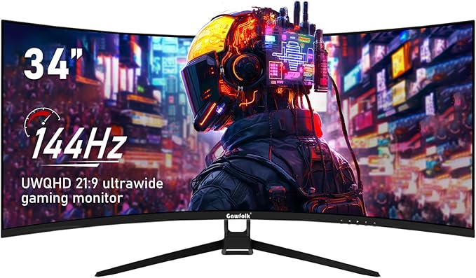 Gawfolk 34 Inch Ultrawide Curved 144Hz Gaming Computer Monitor 1500R PC Screen 21:9 UWQHD (3440x1440),Adaptive Sync,178° Viewing Angle,Display Port 1.4、HDMI 2.0,Compatible with Wall mounting -Black
