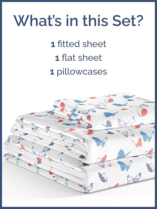Kids Twin Size Butterfly Bed Sheets - 3 Piece Butterfly Sheet Set - Insect Themed Bedding - Soft, Cute & Cozy - Breathable & Machine Washable - Whimsical Bed Set for Boys, Girls, Teens and Toddlers