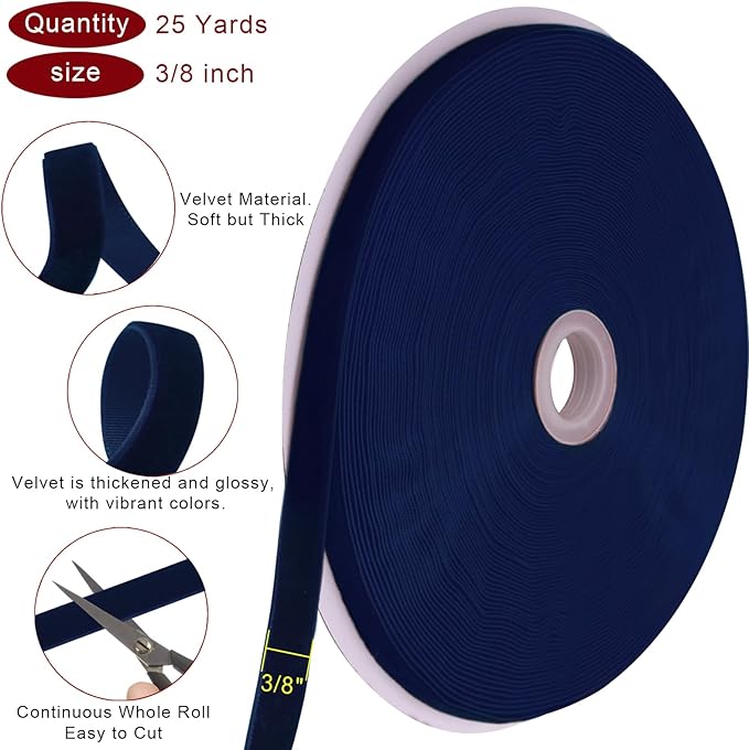 25 Yards Blue Velvet Ribbon 3/8 Inch for Christmas Tree, Velvet Christmas Ribbon for Gift Wrapping Crafts Bow Wreath Holiday Decorations (Navy)