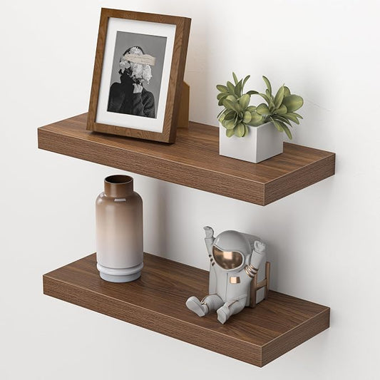 Heimlove Floating Shelves for Wall,16 inchs Shelf for Small Bathroom,Mounted Storage & Display Wood Shelves for Bedroom,Living Room,Kitchen,Office,Set of 2,Walnut Color